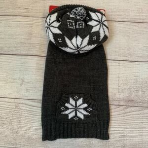 Dog Sweater with Hood Pom Grey White Snowflake Pattern Pocket Winter Out…